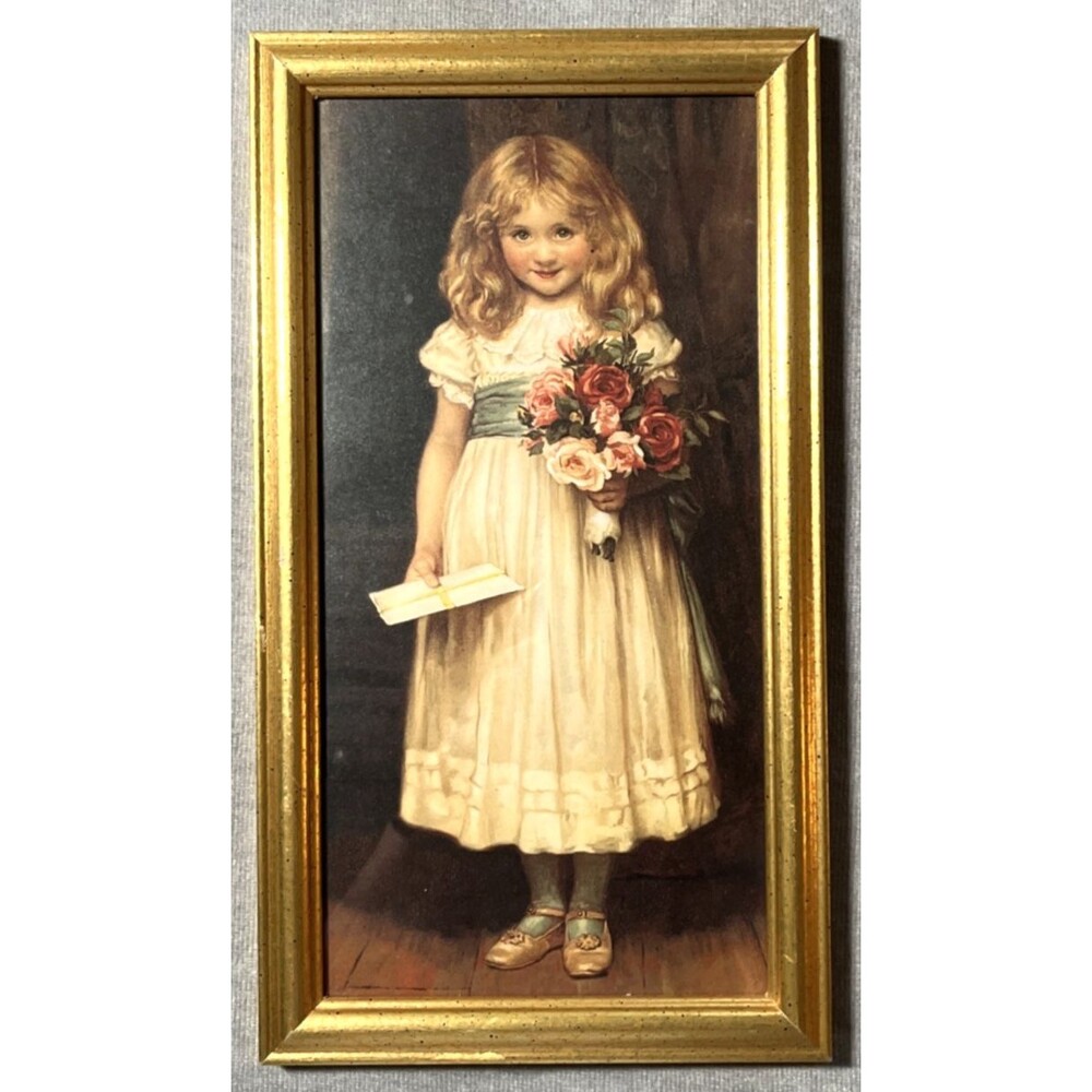 Framed Vertical Print Victorian-Style Girl with Flowers Gold Wood Frame 14.5"x8"